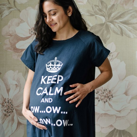 Cotton Hospital Maternity Gown - Keep Calm and Ow (Navy) - Picture 1 of 4